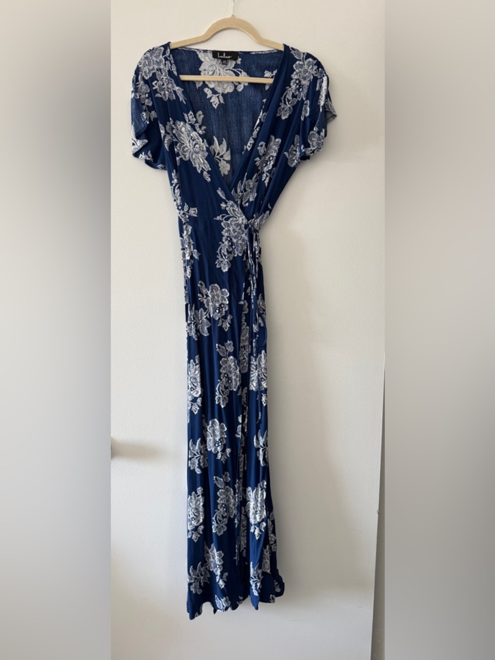 Lulu's Marigold Blue and White Maxi Floral Wrap Dress, Size XS